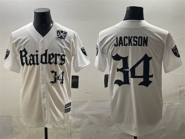 Men's Las Vegas Raiders #34 Bo Jackson White 'Gothic Sin City Shadows Edition' With 65th Anniversary Patch Vapor Limited Stitched Baseball Jersey Men's Las Vegas Raiders #34 Bo Jackson White 'Gothic Sin City Shadows Edition' With 65th Anniversary Patch Vapor Limited Stitched Baseball Jersey